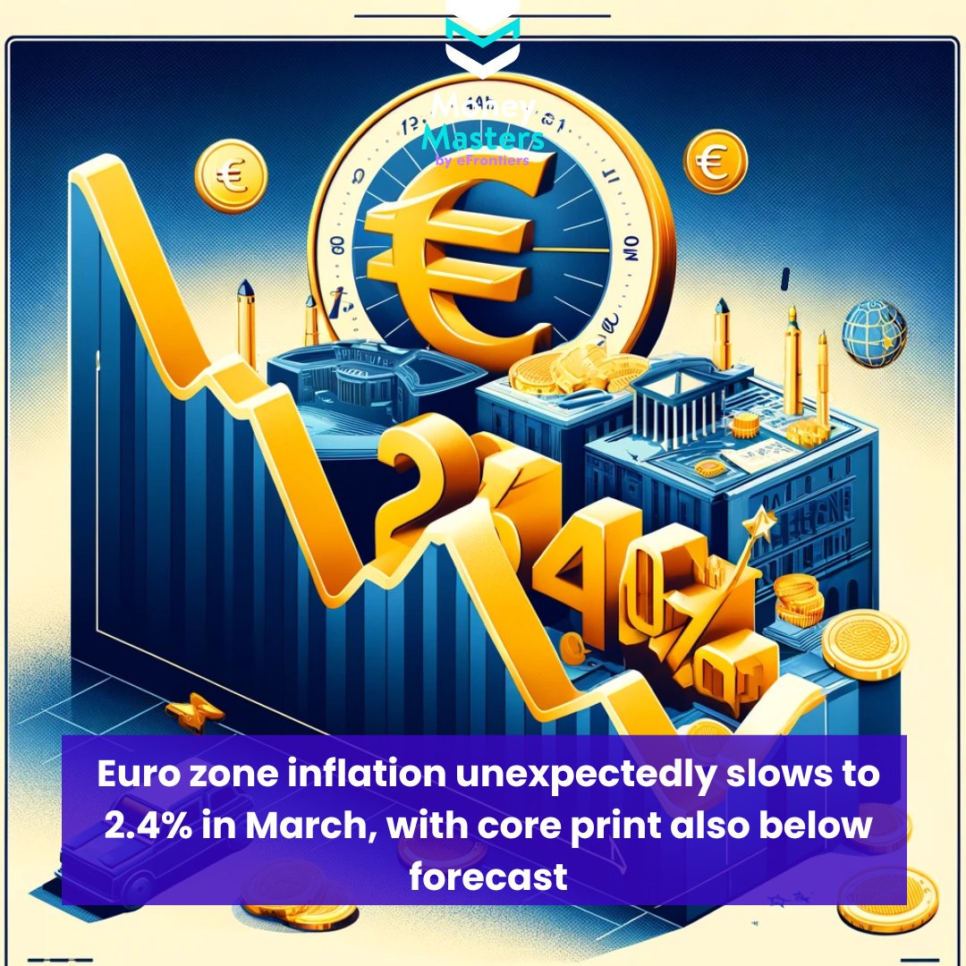 📉 Euro zone inflation eases to 2.4% in March, beating forecasts and fueling talks of summer interest rate cuts. 🇪🇺💰 With core inflation at 2.9% and services still at 4%, the ECB gears up for crucial April 11 meeting.  #EuroZone #InflationUpdate