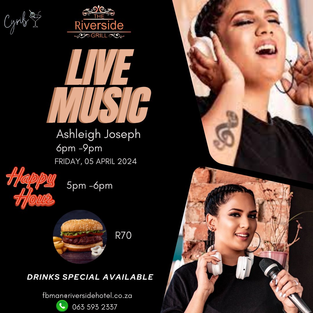 Join us this Friday for live music with #ashleighjoseph from 6pm -9pm. Happy hour from 5pm -6pm and we have our delicious burger and chips special for just R70! Book your table now. Contact fbman@riversidehotel.co.za or WhatsApp 063 593 2337. #riversidegrill #livemusic