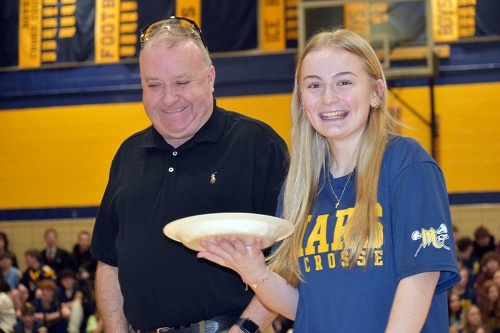 MarsAreaSD's tweet photo. 💙💛 Good pie-brations!! Students in MAHS’s CHS Entrepreneurship class raised more than $800 during a “Let a Pie Fly” fundraiser, to benefit MASD employee John D’Avico, who was diagnosed with ALS. The pies flew at a school Pep Rally on March 27! #marsproud #marsstrong https://t.co/rogFKBjfgw