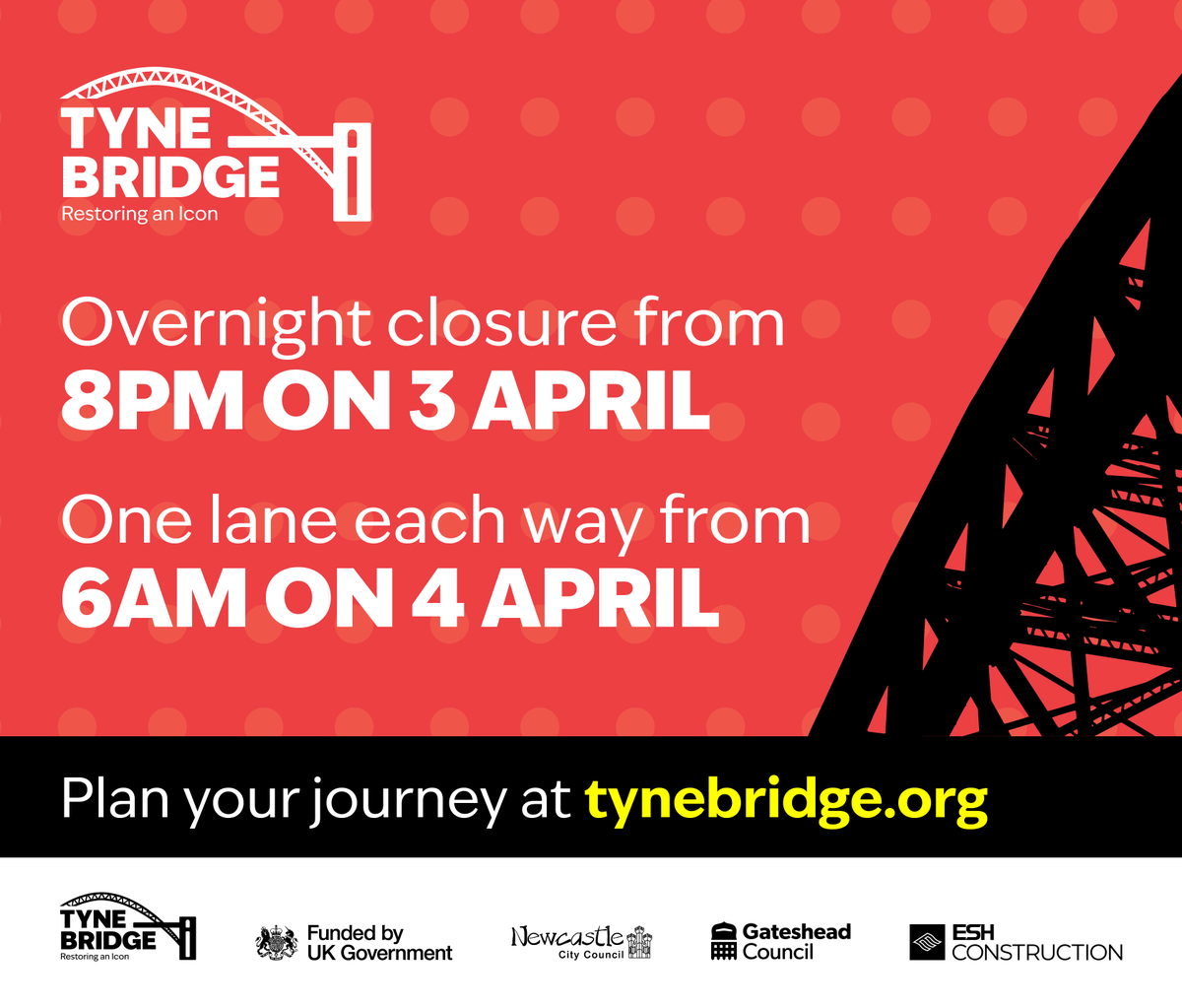 🚧 Tyne Bridge restoration underway - there will be a full overnight closure tonight and the Tyne Bridge will be reduced to two lanes from 6am tomorrow. 🚌 Please plan ahead, follow the travel advice and make the switch to public transport as we restore this icon.