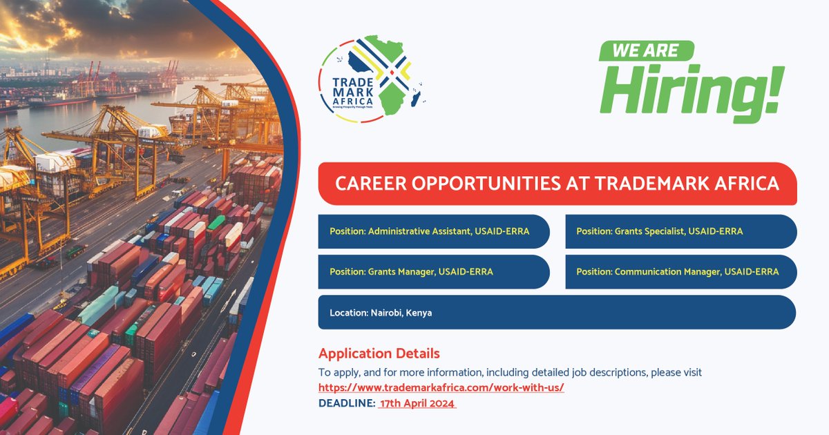 We're hiring for various roles. Check out these job openings and become part of our journey in trade and development!🌍💼 Got questions? Please, write to info@trademarkafrica.com