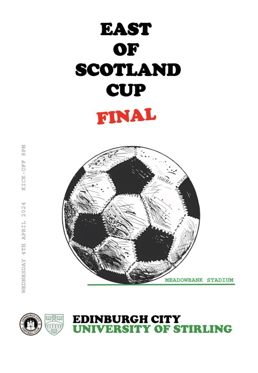 Tonight’s East of Scotland Cup 🏆 Final programme 🗞. Get your copy on your way in priced £2. All the best to both @EdinburghCityFC & @StirlingUniFC in the game ⚽️ at Meadowbank Stadium tonight. Kick-off 8pm.