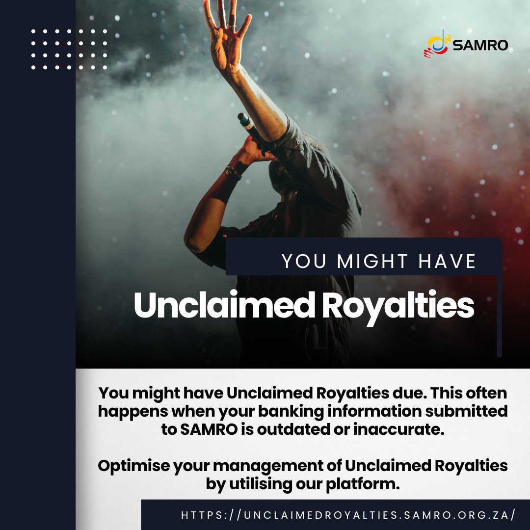Attention Full and Associate Members: Don't miss out on potential unclaimed royalties! Visit SAMRO's Unclaimed Royalties Platform now. Here's why: • Accuracy: The platform gives a more accurate and up-to-date understanding of members’ royalty status regarding their unclaimed…