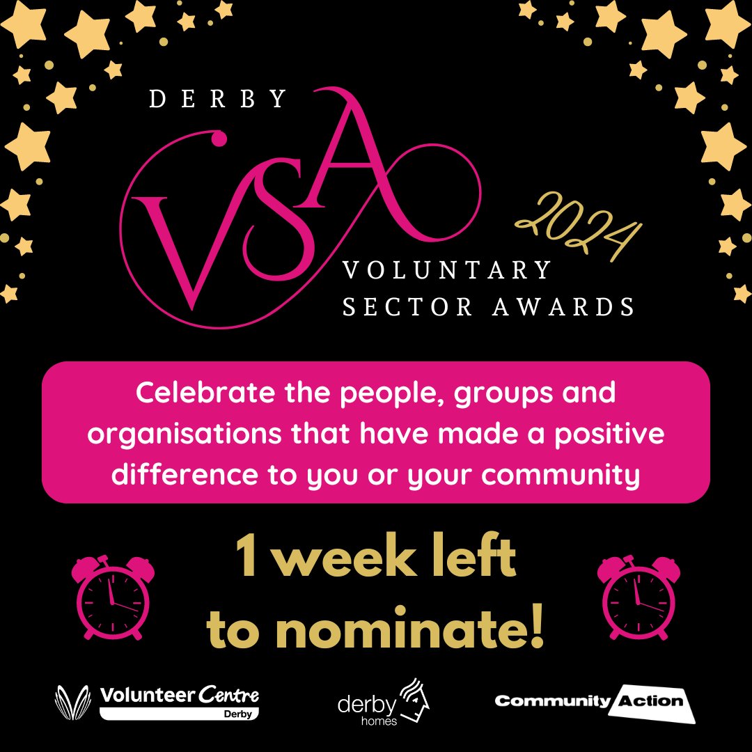 ⏰ Derby Voluntary Sector Awards - 1 week left to nominate ⏰ Celebrate the people, community groups & voluntary organisations that have made a positive difference to you or your community!🏆 Nominations close Sun 21 April 🔗communityactionderby.org.uk/awards-2024 @DerbyHomes @MarketingDerby