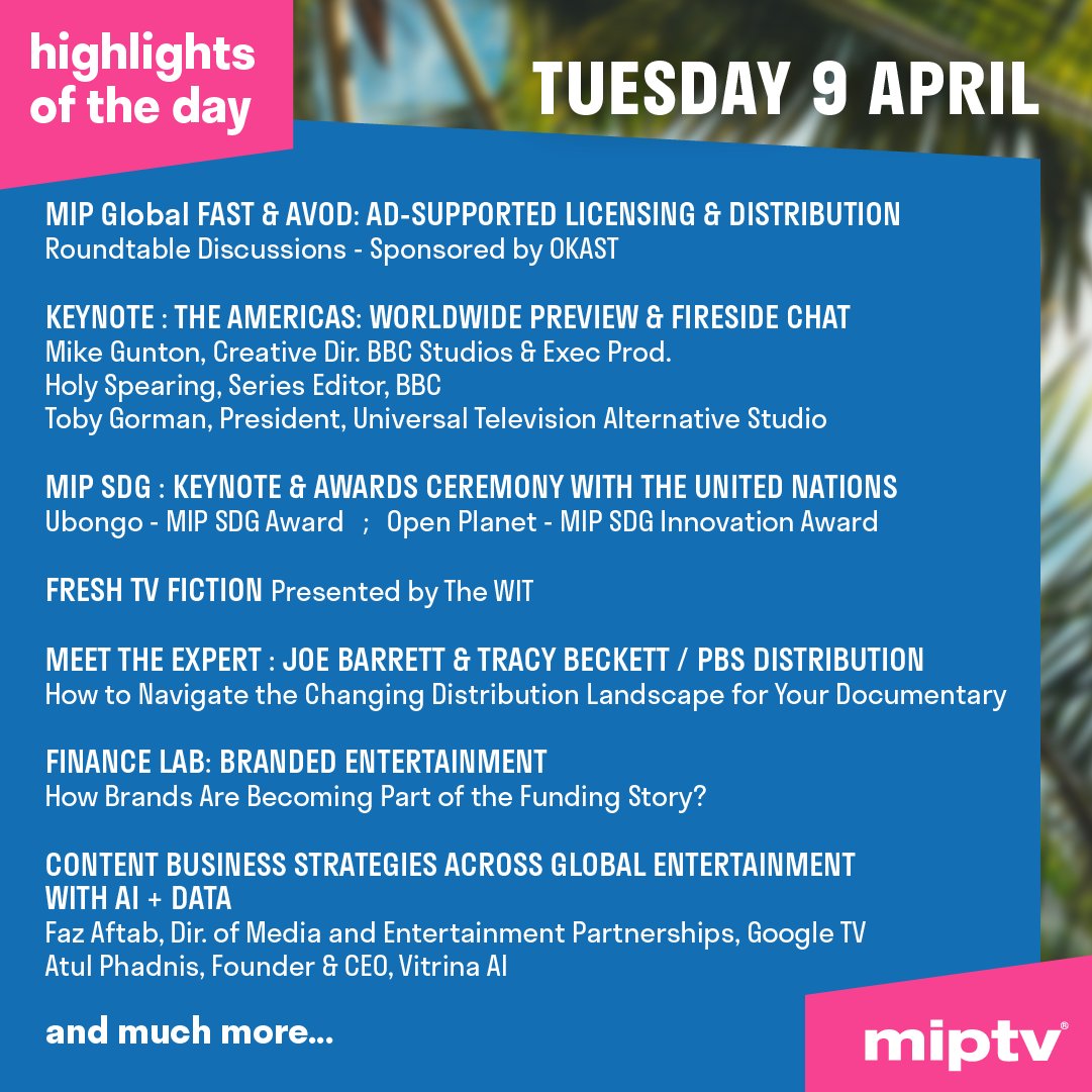 What’s not to miss at #MIPTV today? FAST & AVOD roundtables (w/ @OKASTV), 'The Americas' Worldwide Preview, MIP @UN SDG Awards, @TheWitFreshTV Fiction, Meet the Expert: doc distribution, Branded Entertainment Finance Lab, fireside chat on biz strategies w/ @Vitrina_ai & @Google