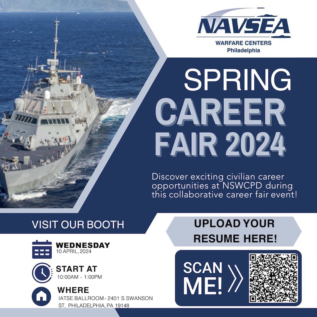 Our career fair is just ONE WEEK away! Join us to explore a variety of career opportunities at our facility located at @NavyYardPhila! #PhillyJobs #PhillyHiring #NavyCivilianCareers