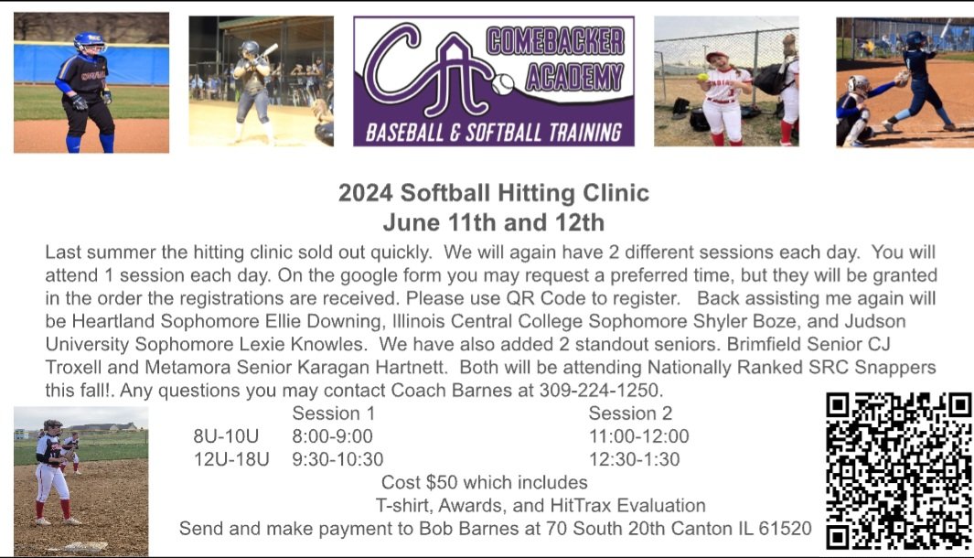 ***Update***  12U-18U 1st session at 9:30 is now full!  We still have 7 spots available in the 2nd session at 12:30. 8U-10U 2nd session at 11:00 is full!  We do have 10 spots left in the 1st session at 8:00. You can scan the QR code to register!