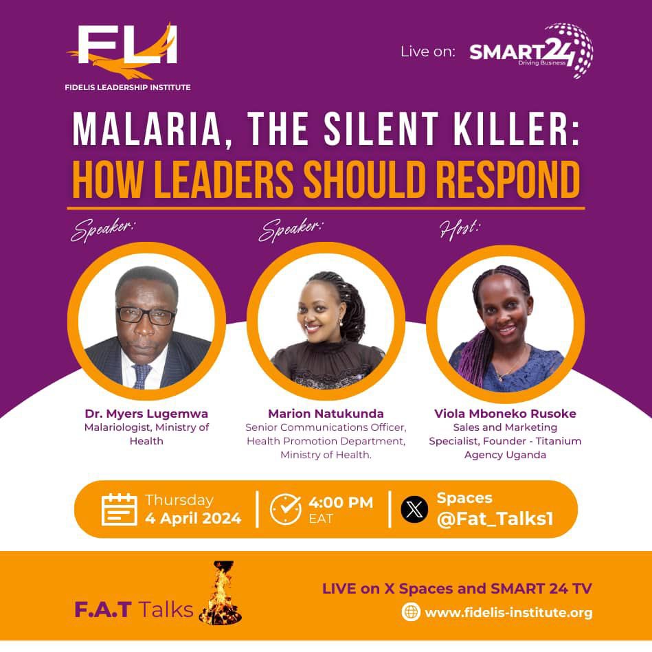 🌿 Join us tomorrow for a riveting discussion on 'Malaria, the silent killer: how leaders should respond'  on smart 24 tv ! 🦟 

#fattalks Let's explore solutions on the 4th of April at 4pm. 🕓 #MalariaAwareness 🌍 

Hosted by @FriendofGod143 
Speakers:Dr. Myers & @NatukundaMario
