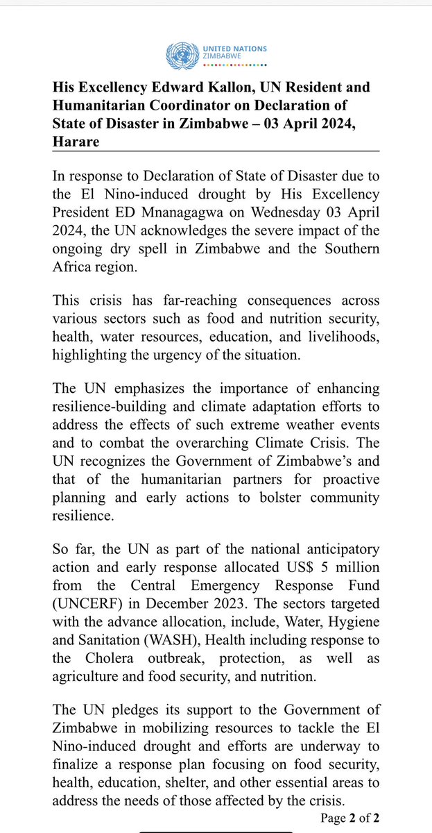 “The UN pledges its support to the Government of Zimbabwe in mobilizing resources to tackle the El Nino-induced drought and efforts are underway to finalize a response plan focusing on food security, health, education, shelter, and other essential areas to address the needs of…