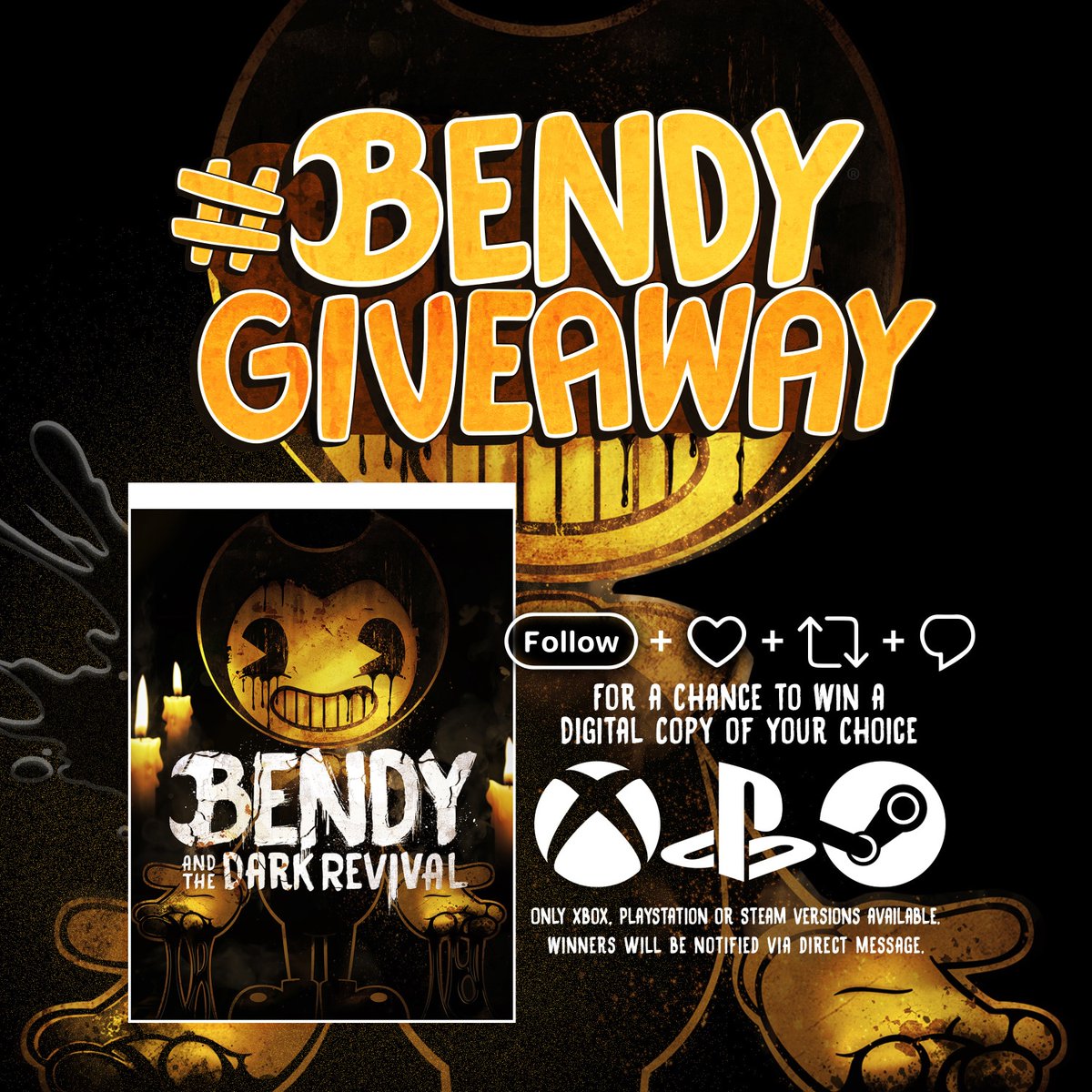 Bendy's tweet image. 🟡 It’s time for the  #BENDYGIVEAWAY ! 🟡

You could win #BATDR on the platform of your choice!
3 Winners will be chosen tomorrow at random. 

To enter do all 4 of the following on this post: 
🚶🏻‍♂️ Follow
♥️ Like
🔁 Retweet 
✍️ Comment

Good luck! #BENDY