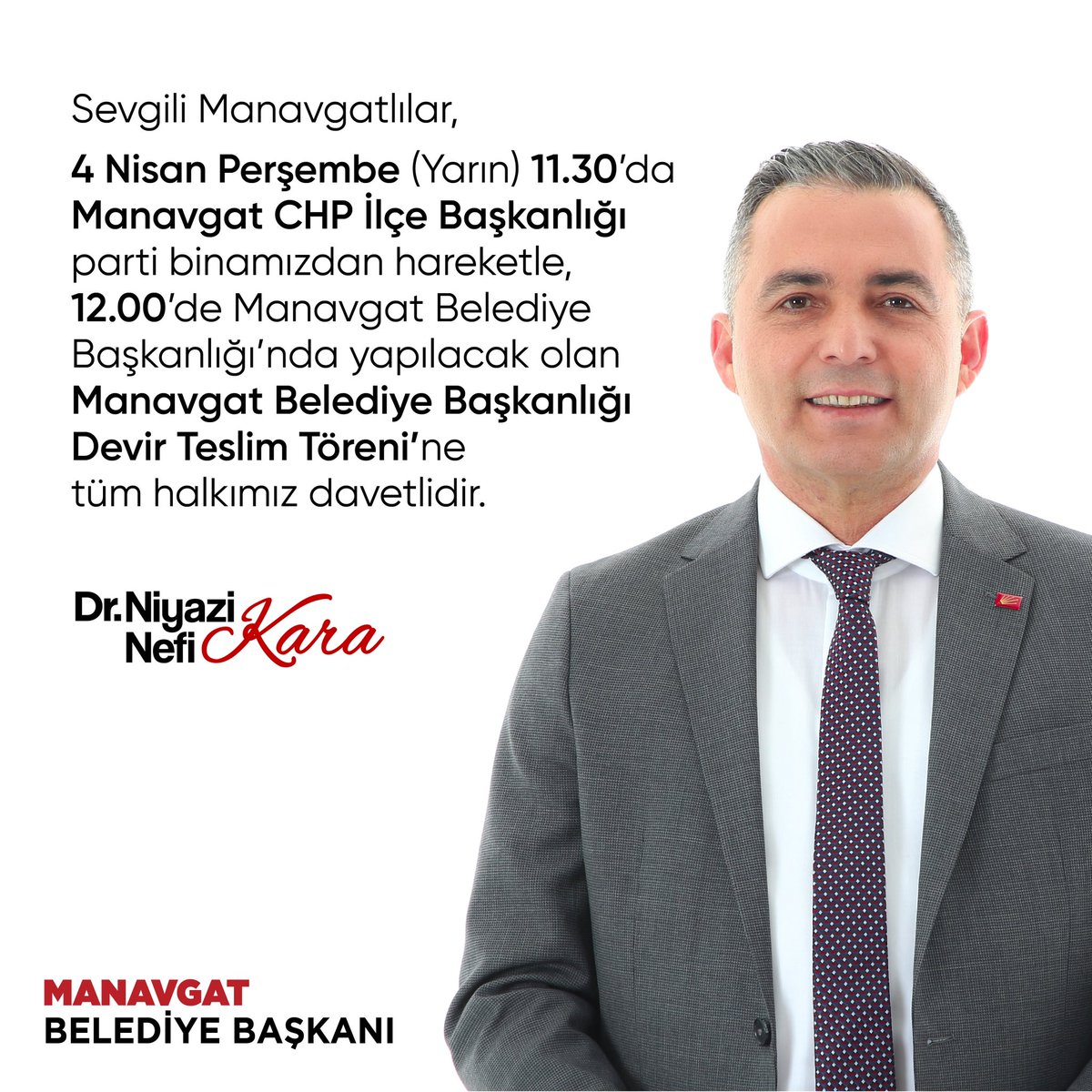 Sevgili Manavgatlılar,
Manavgat Belediye Başkanlığı Devir Teslim Töreni’ne tüm halkımız davetlidir.