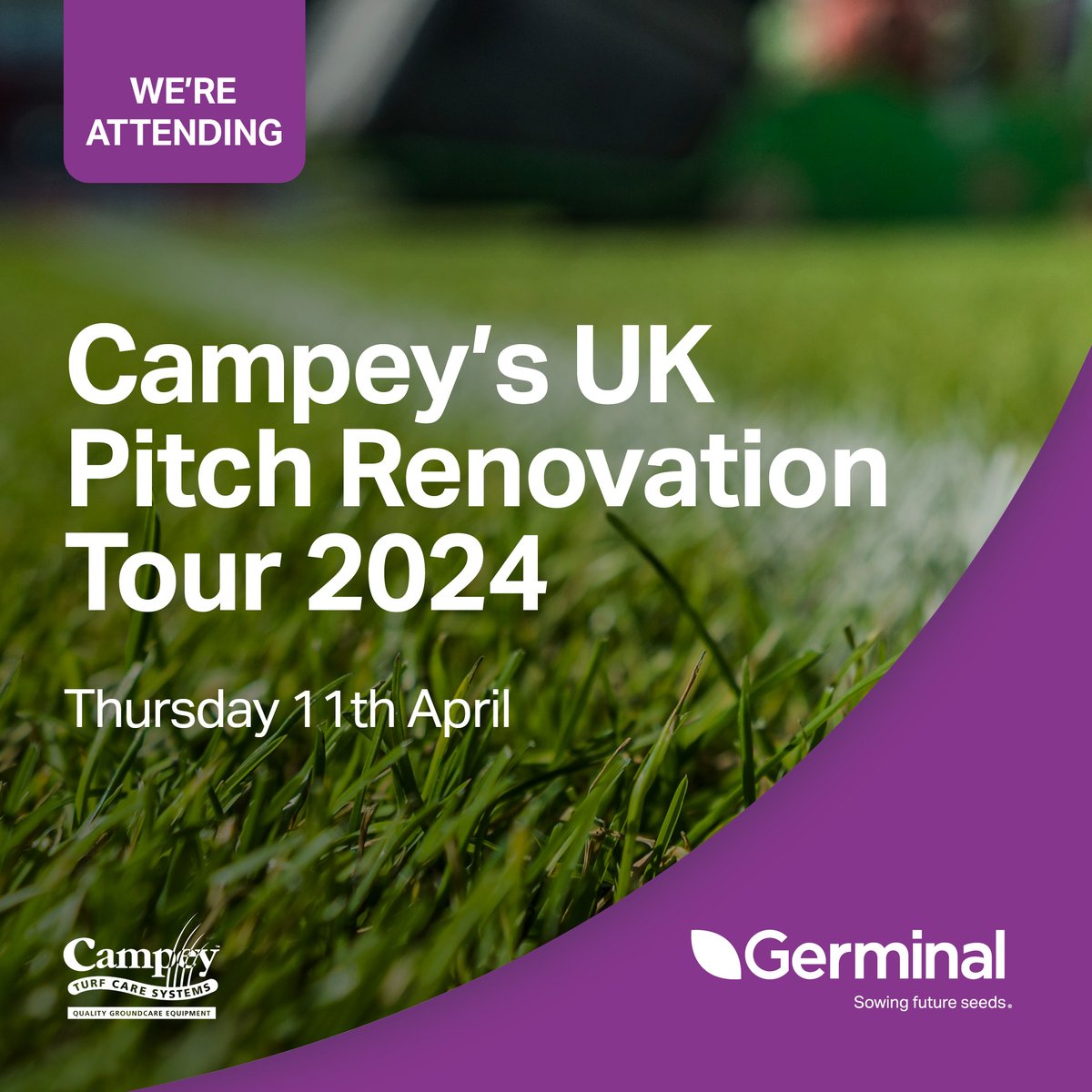 Excitement is building for Campey’s Pitch Renovation Tour! Don't miss live demos of Germinal’s A20 Premier Ryesport and a chance to get expert advice from @SandyP_Germinal on our top-performing turf varieties. Where: West Ham United Training Ground, RM7 0LU @CampeyTurfCare
