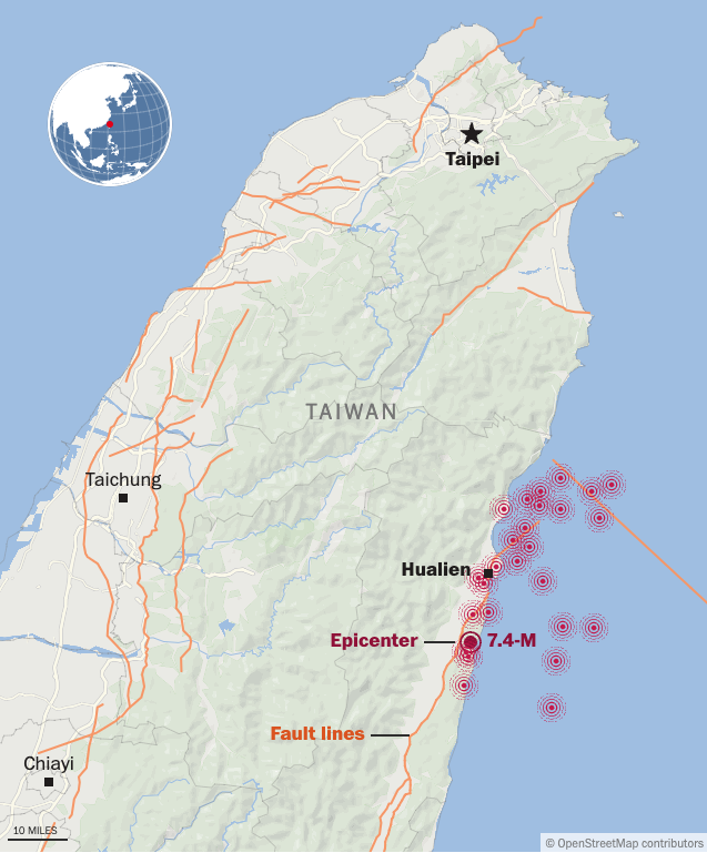 Taiwan recorded 76 aftershocks in less than five hours following the earthquake in Hualien. The earthquake was measured at 7.4 magnitude. At least 13 of the aftershocks were measured above 5 magnitude. washingtonpost.com/world/2024/04/…