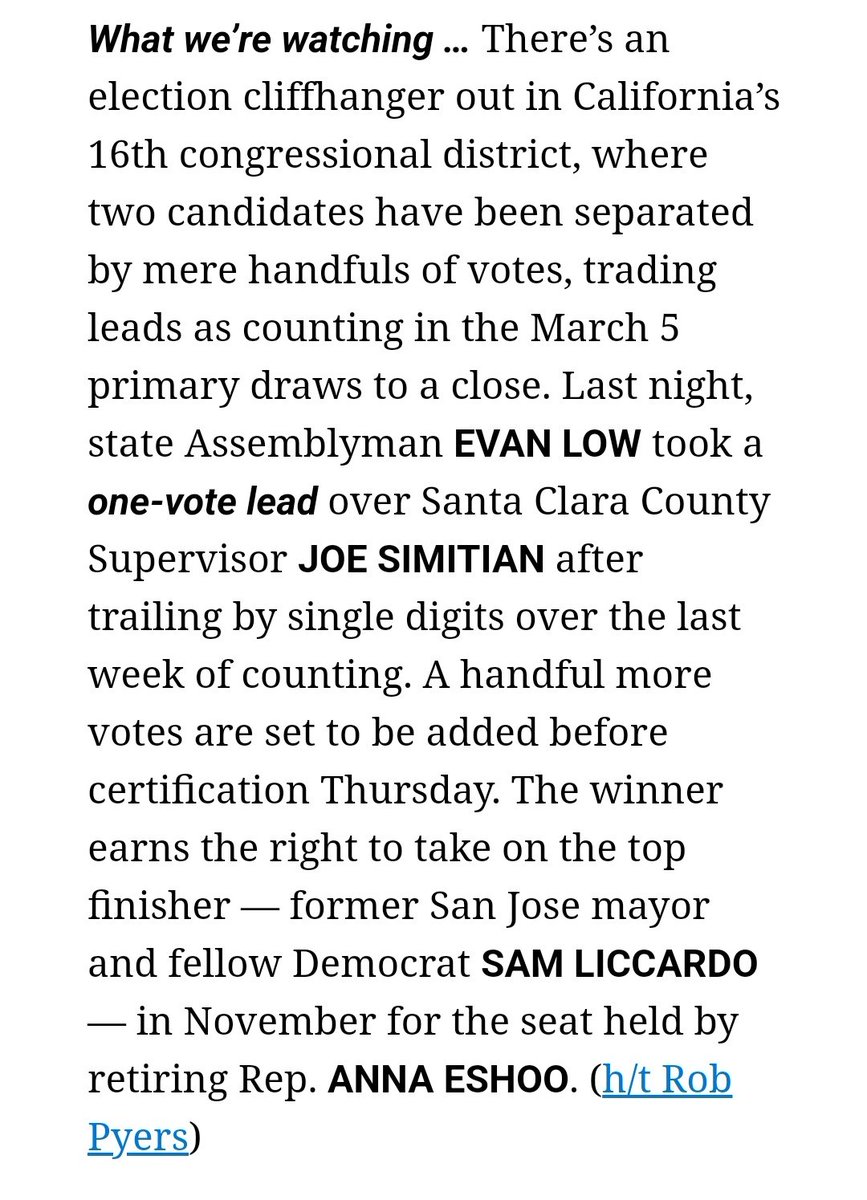 As Politico reports, Evan Low is now leading by one vote! 🌈