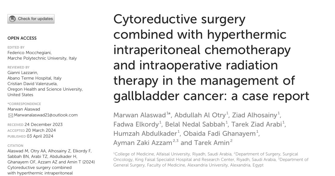 MarwanAlAswad21's tweet photo. Happy to share our latest publication @FrontOncology that sheds light on a novel treatment strategy for gallbladder cancer. Combining #HIPEC and #IORT with CRS is thought to allow for better locoregional control. Furthermore, a 100% one-year overall survival was achieved. https://t.co/jHrhTZzn2d