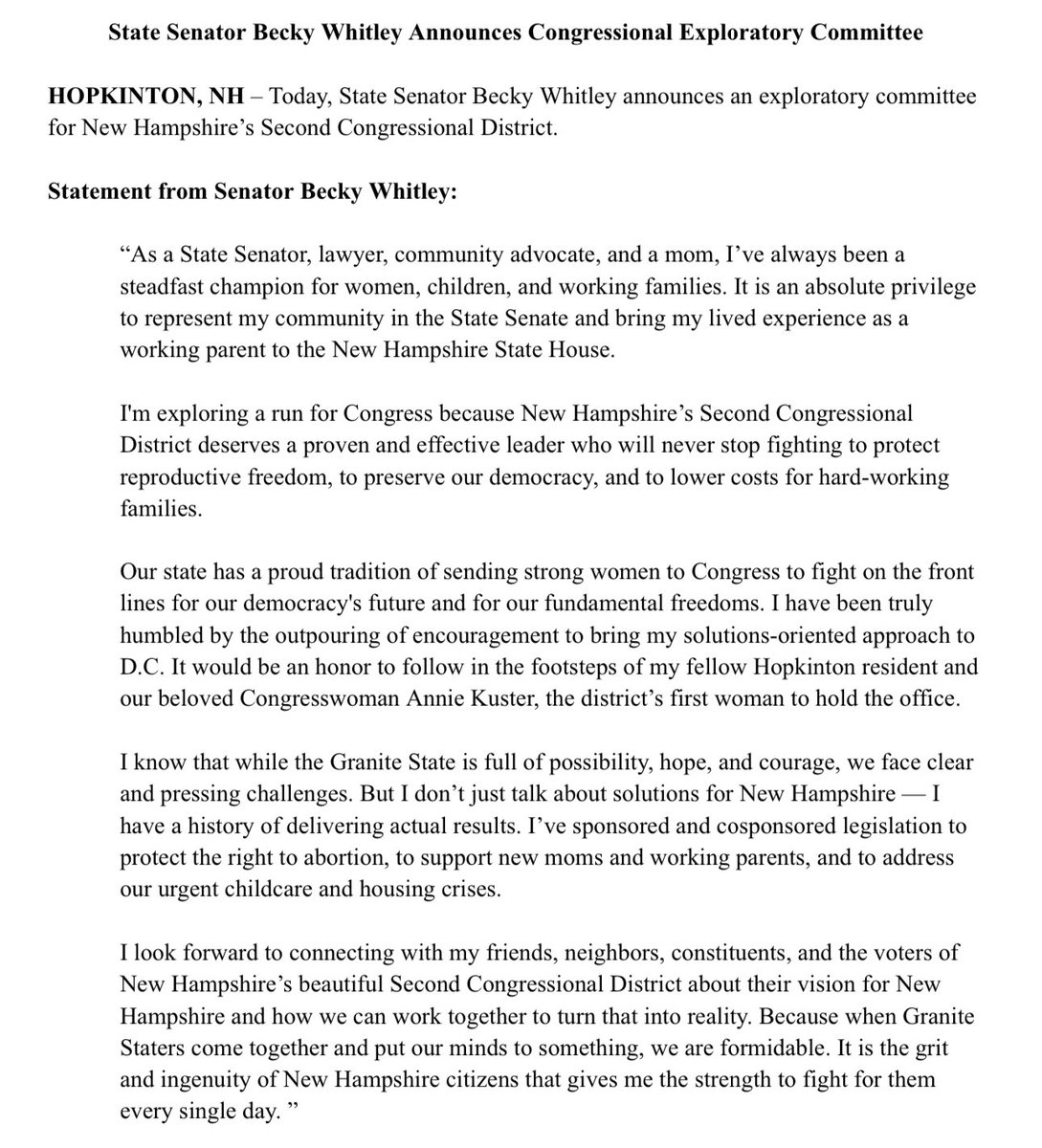 NEWS: State Senator Becky Whitley announces congressional exploratory committee for #NH02 seat, taking big first step toward running. She says she expects to begin fundraising for the run. #NHPolitics