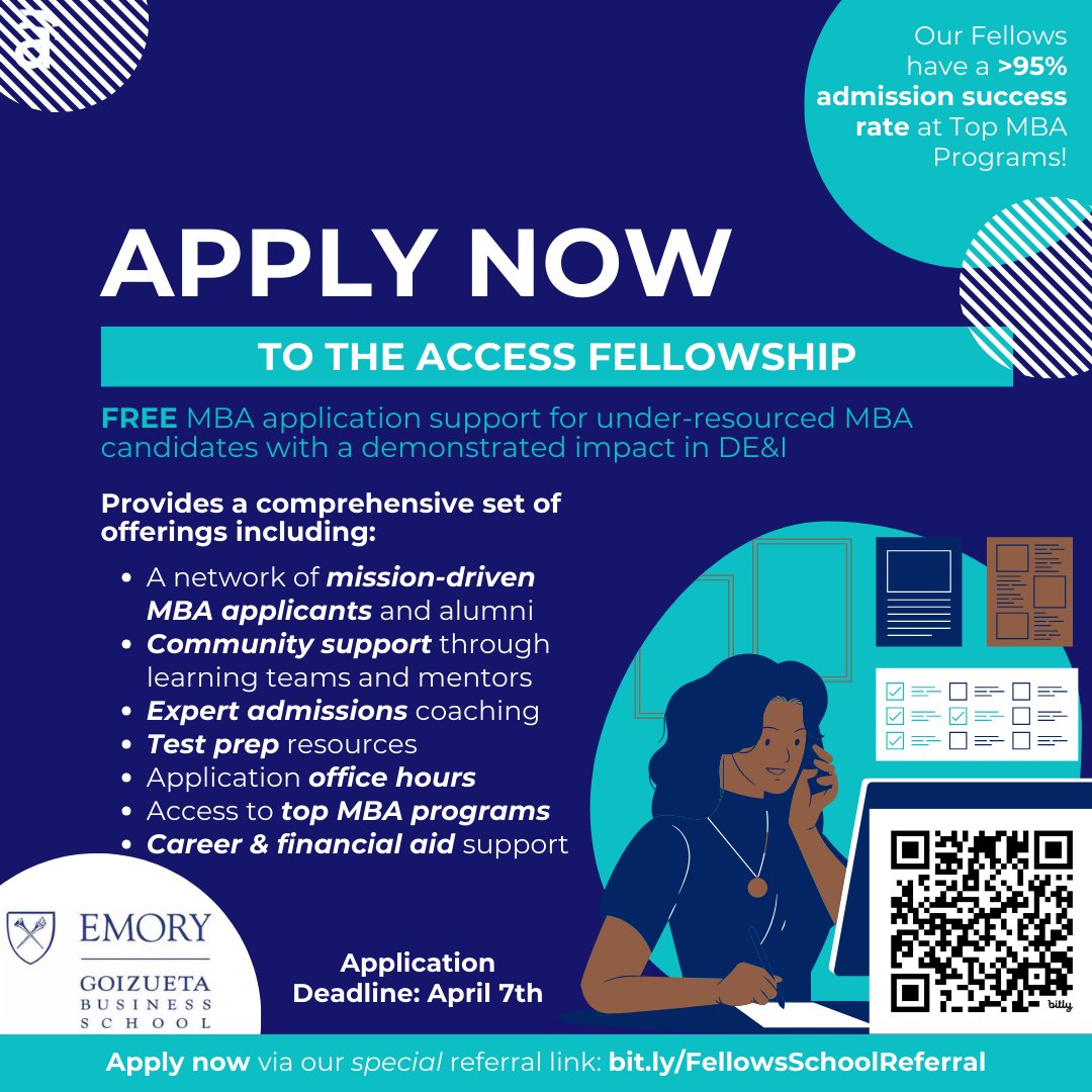 Apply now to the Access Fellowship! Free MBA application support for under-resourced MBA candidates with a demonstrated impact in DE&l. Application deadline is April 7. ➡️ Learn more and apply now: bit.ly/FellowsSchoolR…