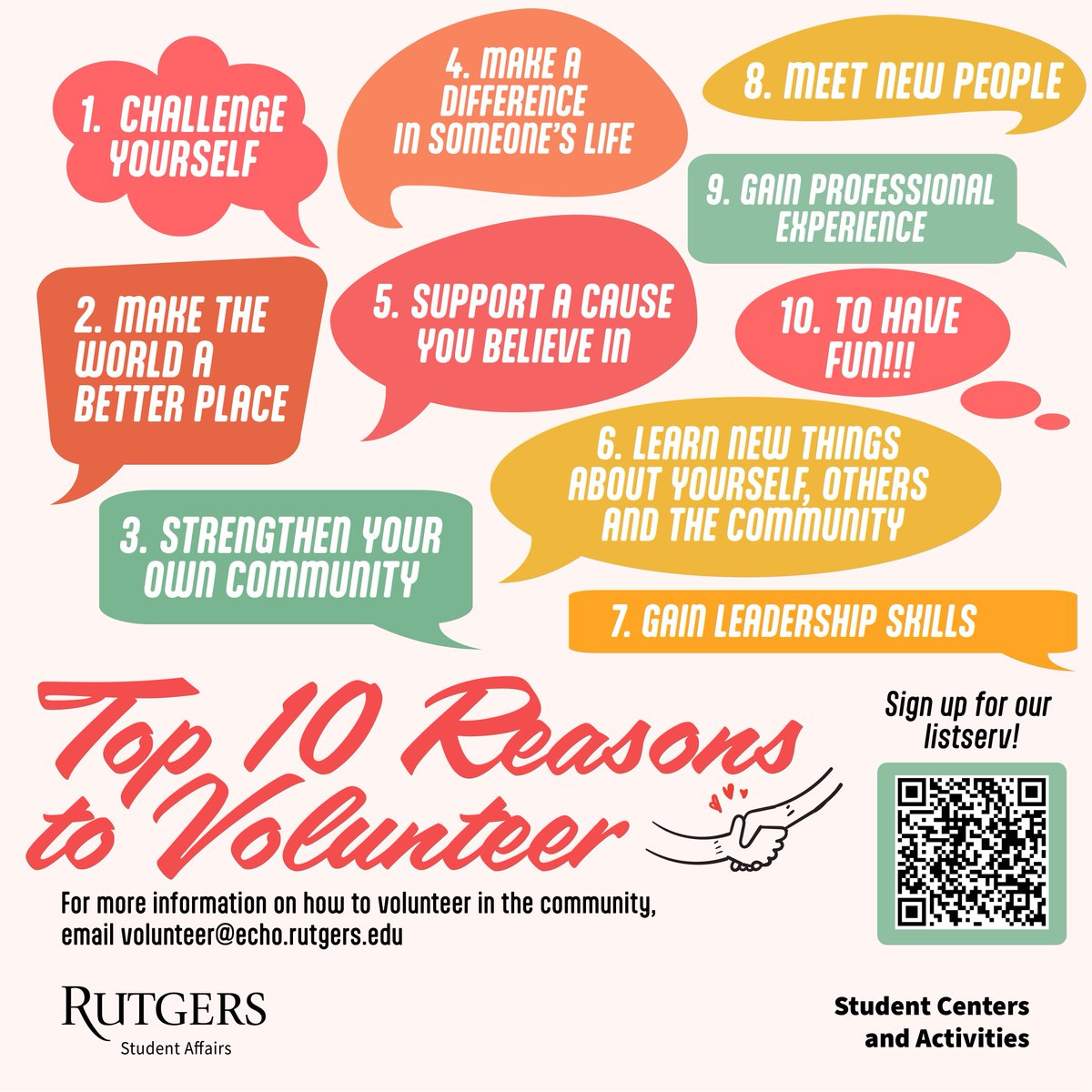 There are many great reasons to volunteer! Connect with Student Volunteer Engagement to learn about all of the many opportunities and resources to have a meaningful volunteer experience! #rutgersnewbrunswick #Rutgers

volunteer.rutgers.edu