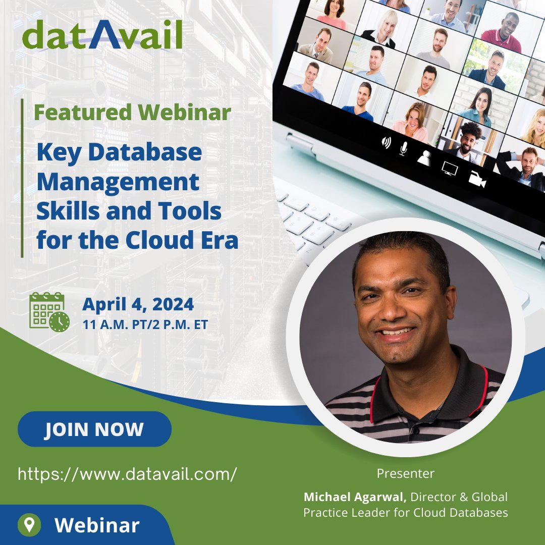 Last Chance to Register! This Thurs, April 4th, Datavail & DBTA present a FREE webinar. Learn from expert Michael Agarwal, gain valuable cloud #DBAskills, and enter to win a $100 Amazon Gift Card! Register now: bit.ly/43zOFMn #database #databasemanagement #cloud #dba