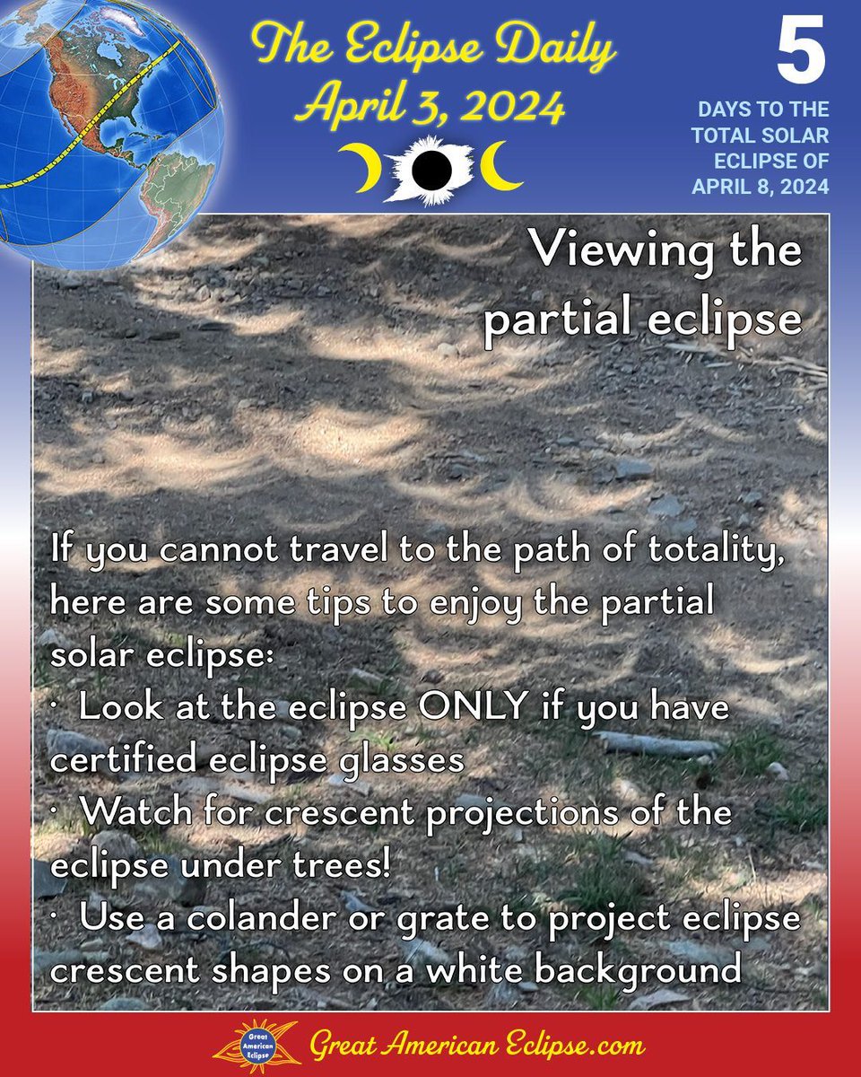 Tips for viewing the partial solar eclipse, either inside the path of totality or outside. If you have trees that have leafed in your area, look under the trees for a remarkable sight of dancing crescent eclipse shapes! greatamericaneclipse.com #eclipse2024 #eclipsedaily