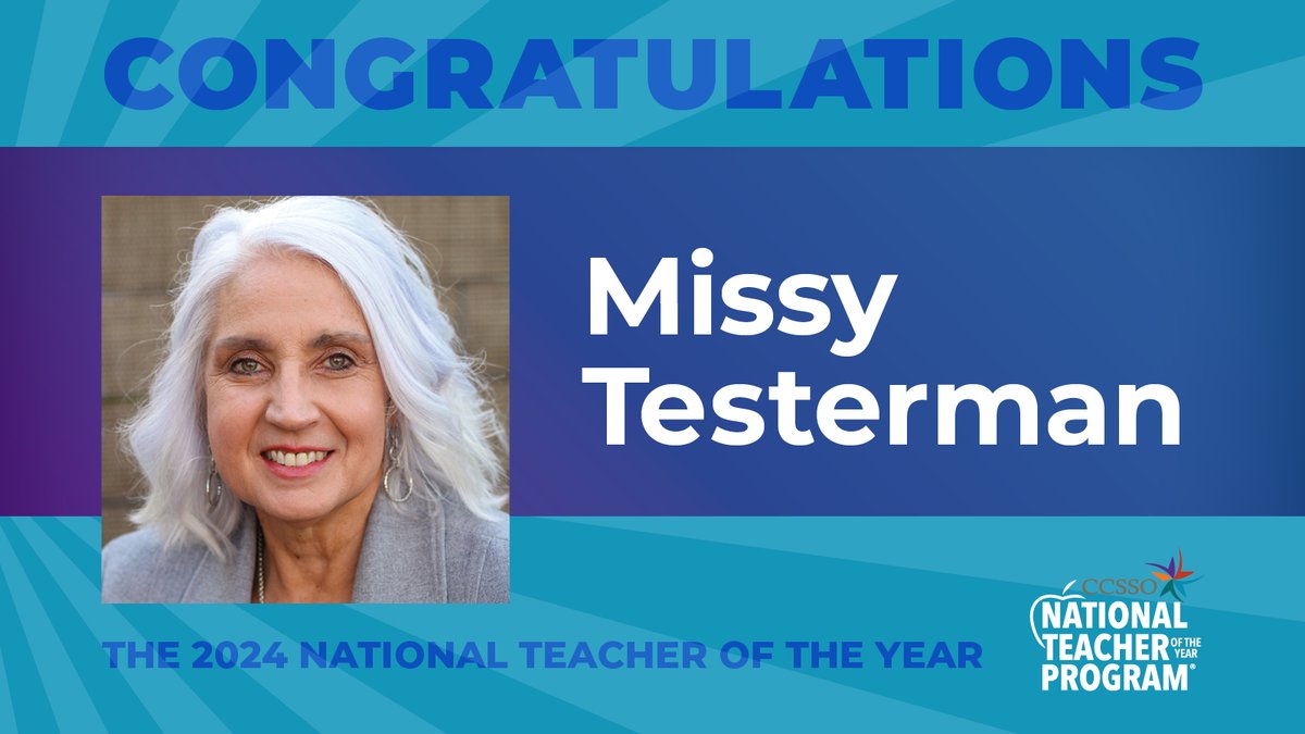 Congratulations to Missy Testerman (<a href="/Missytesterman/">Missy Testerman</a>) the 2024 National Teacher of the Year! Missy is an English as a second language elementary school teacher. Learn more about Missy at ntoy.ccsso.org. #NTOY24 <a href="/CCSSO/">CCSSO</a>