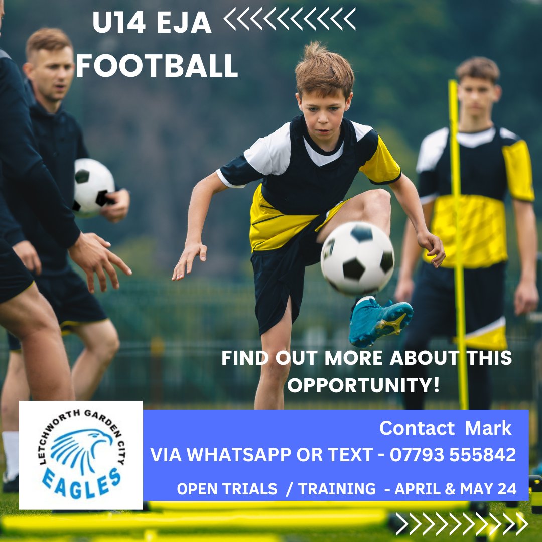 Join the Letchworth Eagles U14s! 🔵⚫ Trials for the 2024/25 EJA season are in April & May for Year 8 players. Register your interest now! 📲 Mark at 07793 555842. #YouthFootball #LetchworthEagles #FootballTrials