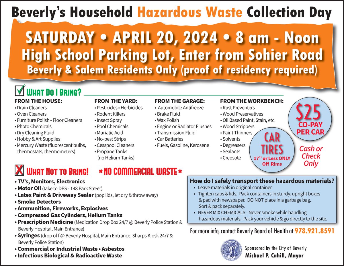 cityofbeverlyma's tweet image. Household Hazardous Waste Day is back and on April 20th this year! 

Learn more about what you can and cannot bring ➡️ ow.ly/CO4o50QUyq8
Please do NOT bring latex paint! Copay per vehicle: $25

📅 Saturday, April 20
🕛 8 am - Noon
📍 Beverly High School parking lot