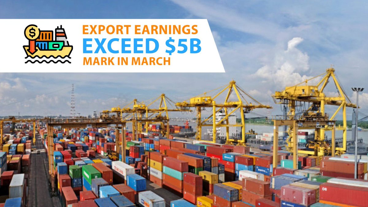 #Bangladesh's export earnings have exceeded $5 bn for the four consecutive months as exports reached $5.10 billion in #March, marking a 9.88% increase compared to the same month last year. The EPB data showed that overall export earnings rose by over 4.39% to $43.55 billion in…