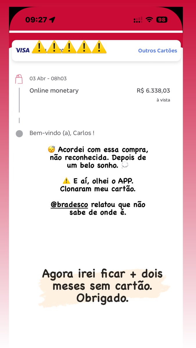 AugustojrJr's tweet photo. @Bradesco @Bradesco 

Bradesco. Venho por meio desta postagem, relatar minha indignação, insegurança e insatisfação com o banco. Um falta de respeito com o consumidor. https://t.co/vZSYaF3wrK