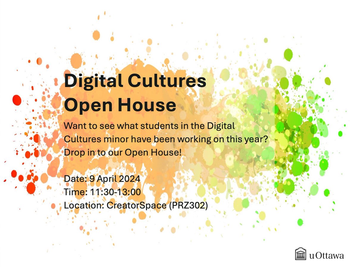 SHN-DH@uOttawa (@dh_uottawa) on Twitter photo Want to see what students in the Digital Cultures minor in the Faculty of <a href="/uOttawaArts/">uOttawa Arts</a> have been working on this year?
Drop in to our Open House!
📆: 9 April 2024
🕦: 11:30 to 13:00
🏦: CreatorSpace (PRZ302) Want to see what students in the Digital Cultures minor in the Faculty of <a href="/uOttawaArts/">uOttawa Arts</a> have been working on this year?
Drop in to our Open House!
📆: 9 April 2024
🕦: 11:30 to 13:00
🏦: CreatorSpace (PRZ302)