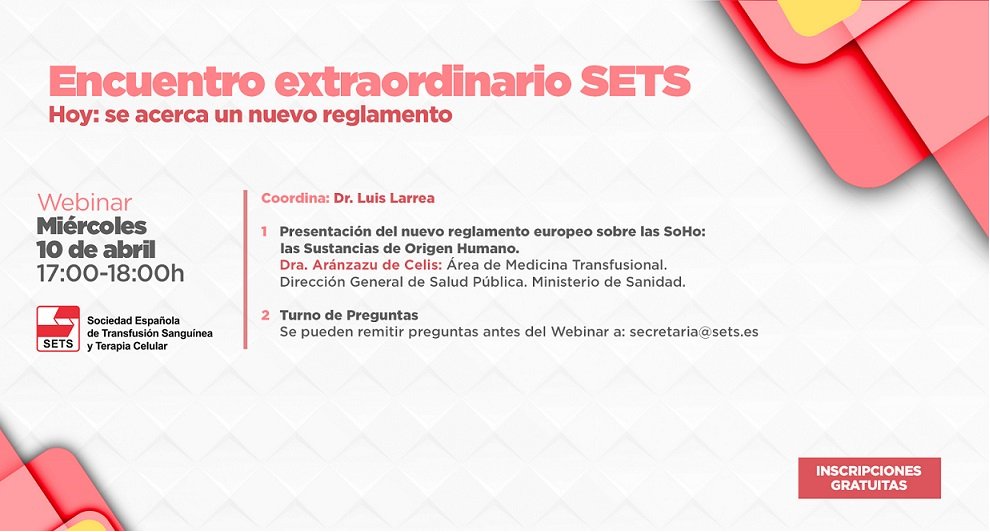 SETS_es's tweet photo. 🩸 ¡Nuevo webinar de @SETS_es!
"Encuentro extraordinario SETS. Hoy: se acerca un nuevo reglamento"

🔴INSCRIPCIÓN GRATUITA
Regístrate en el siguiente enlace: https://t.co/2na5N1kT8U https://t.co/nArnf68IZz