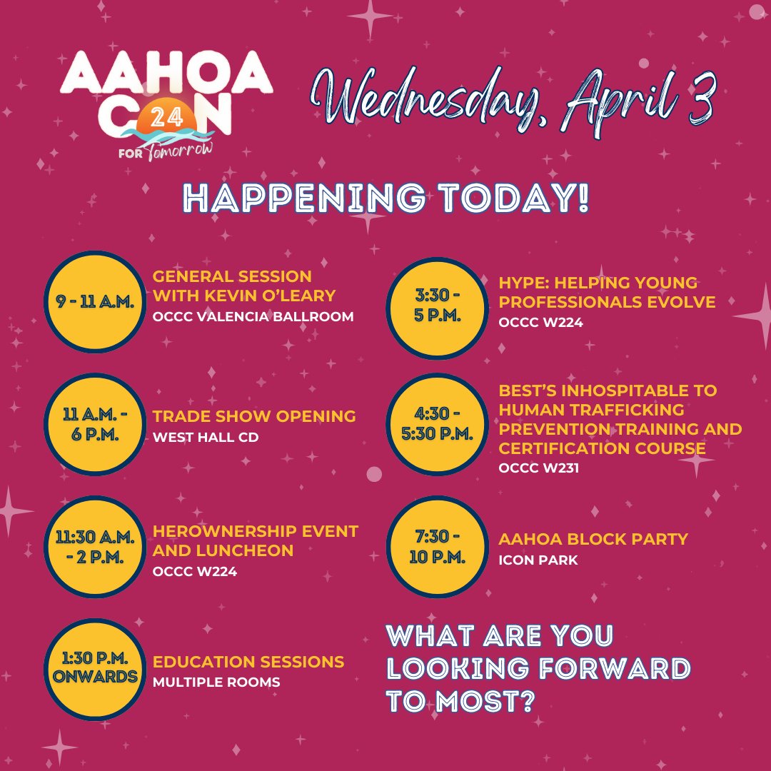 Day 2 of AAHOACON24 Is Gearing up to Be Absolutely Electrifying! We have a full day of exciting sessions and events coming your way. What are you looking forward to most? #AAHOA #Day2 #AAHOACON24 #HoteliersUnite #HotelOwners