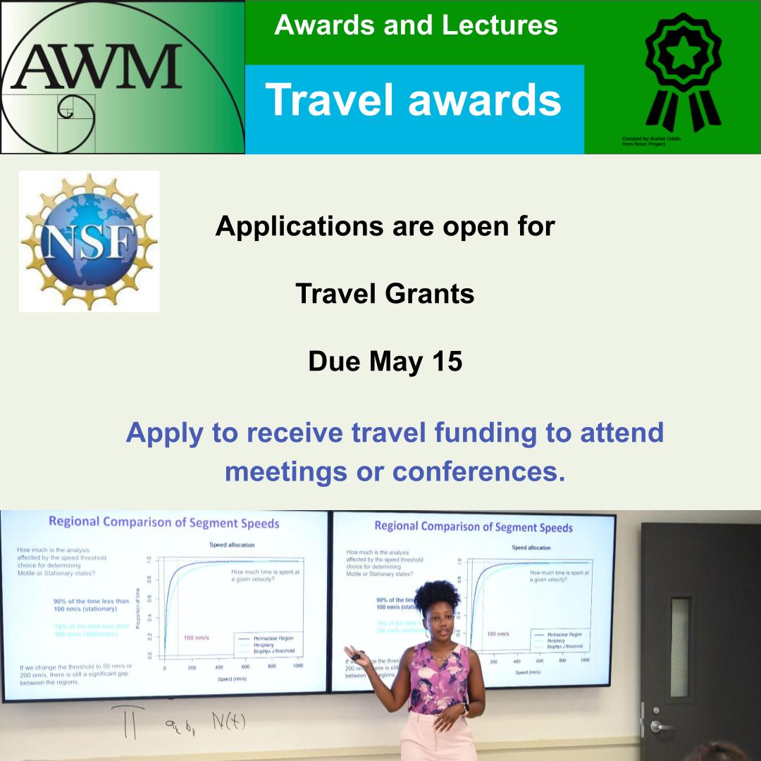 AWM Travel Grant: applications are now open! Apply to receive travel funding to attend meetings or conferences. Applications due May 15. Information available at: awm-math.org/awards/awm-gra…