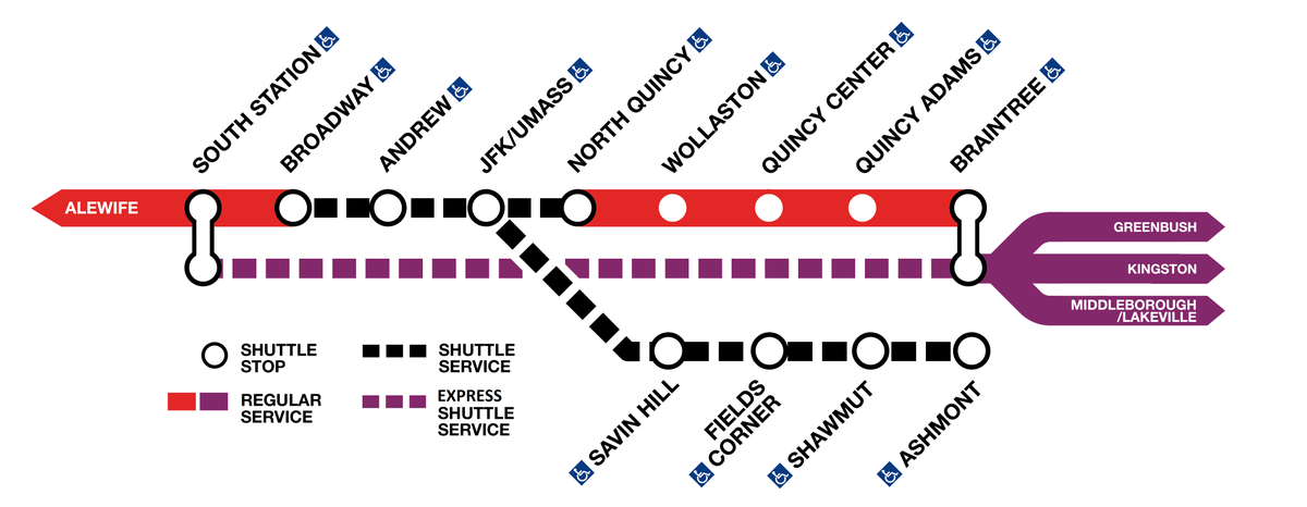 MBTA's tweet photo. Red Line Reminder: April 6-7 (This Weekend)

Shuttle Buses replace service between Broadway and Ashmont &amp; Broadway and North Quincy for bridge work &amp; station maintenance.

Express shuttles will replace @MBTA_CR service between Braintree and South Station as well. https://t.co/XQALlmfddZ