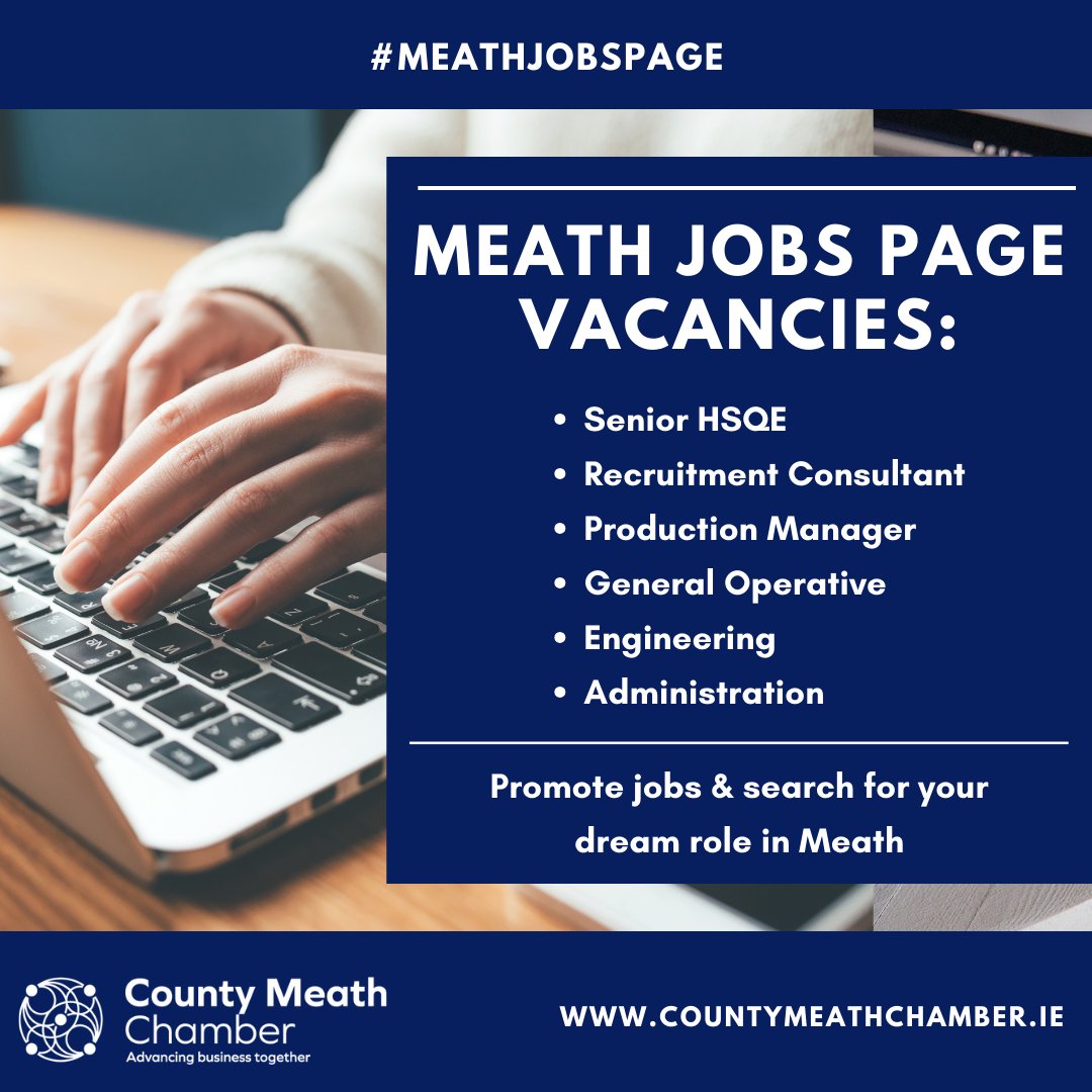 ✨Are you on the lookout for a new job in Meath? 👉View all the current vacancies on the Meath Jobs Page here: countymeathchamber.ie/jobscareers/me… If you're recruiting staff, email info@countymeathchamber.ie to advertise your vacancy #Meathjobs #jobfairy #Vacancies