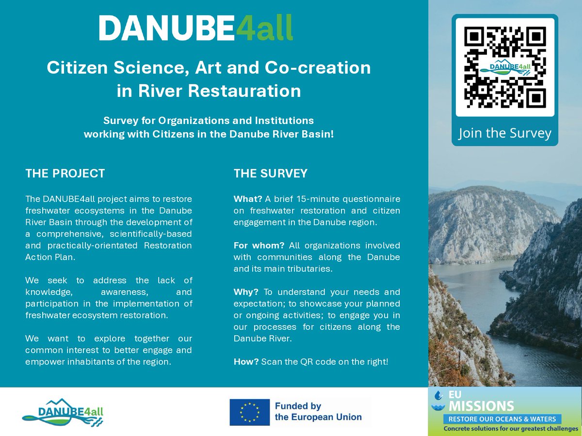 👩‍🔬 Participate in the survey 'Citizens and the Danube - Citizen Science, Art and Co-creation in River Restoration' for the @DANUBE4all_EU ➡️ shorturl.at/stAOW 💡More info at shorturl.at/lsKL0 @pulsaqua @CollectiveRiver @Wamu_net