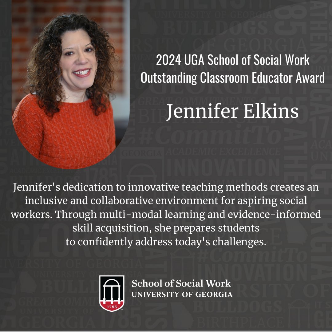 Congratulations to our 2024 Faculty Award Winners! Dr. Jennifer Elkins is the winner of this year's Outstanding Classroom Educator Award. Jennifer's dedication to innovative teaching methods creates an inclusive and collaborative environment for aspiring social workers.