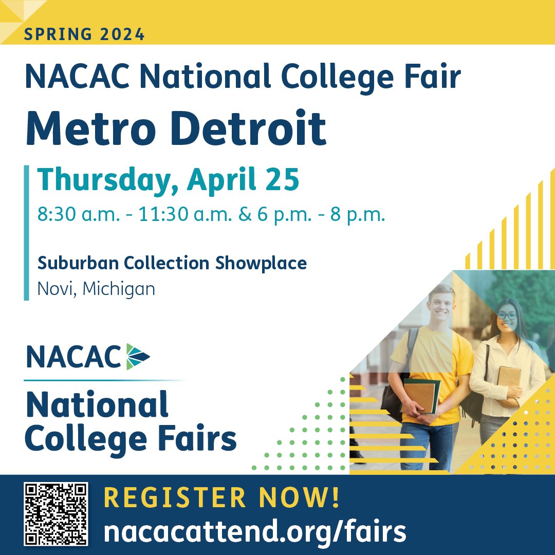 It's #collegefair SZN! Don't miss these upcoming #NACAC National College Fairs. Prince George's County, MD - April 9 Houston, TX - April 11 West Michigan - April 23 Metro Detroit, MI - April 25 Register today: nacacattend.org/fairs