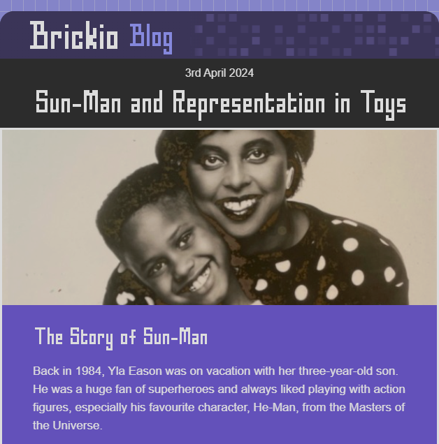 BrickioSite's tweet photo. Check out the first Brickio Blog post at https://t.co/8TzmUjO1is

Yla Eason @ylaeason created Sun-Man, the first black superhero action figure, which was an important milestone in representation in toys.

The full story is on @thisisloveshow
https://t.co/eBBc7AFI0y https://t.co/BaUOU9NIOn