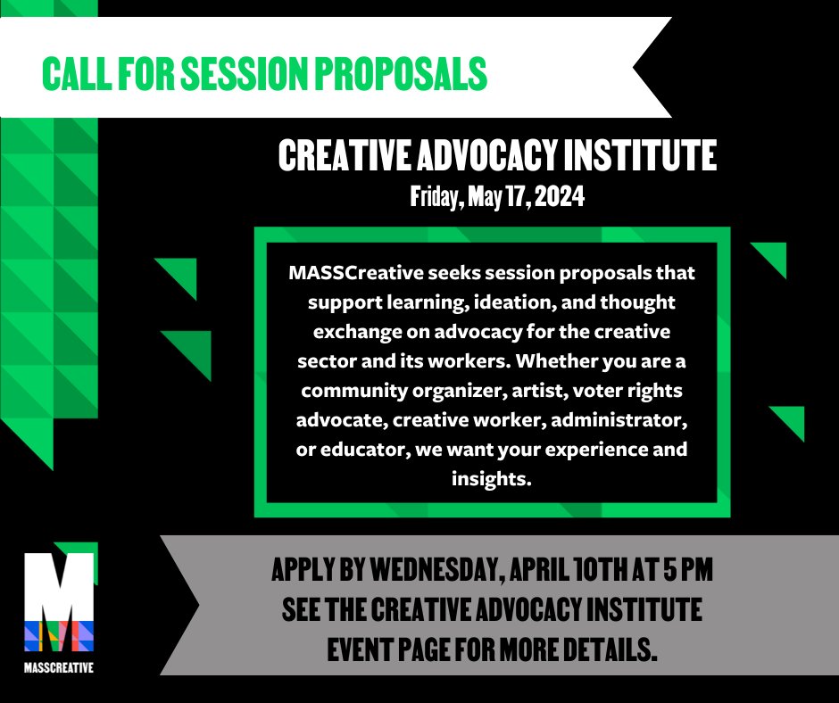 We're seeking session proposals for the Creative Advocacy Institute! The deadline to submit is 4/10 at 5 PM. Selected workshop leaders and presenter will receive a $300 honorarium and tickets. Visit our event page for more info. #CAI2024 #CreateTheVote ow.ly/Qyuy50R73SL