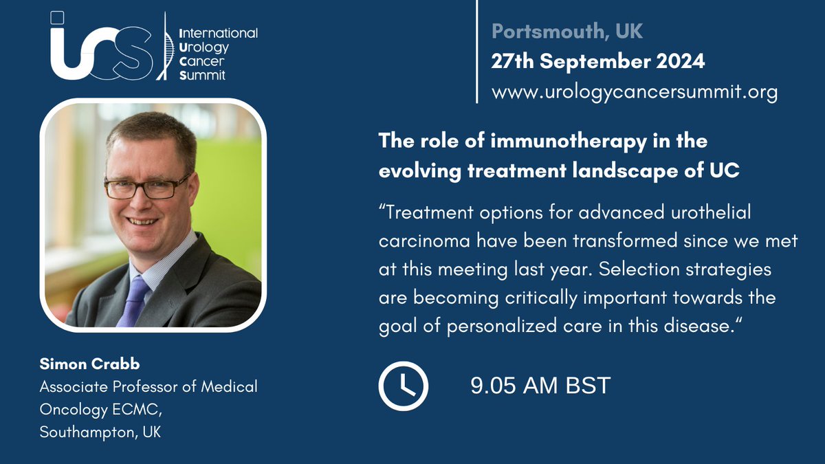How to select the correct strategies to personalize the care for advanced #urothelialcarcinoma? Join us & discuss with Simon Crabb from @ECMC_UK Southampton in presence or virtually! Register for free➡️ow.ly/pMgb50R6xAE #IUCS24 @gbanna74 @ravikanesvaran