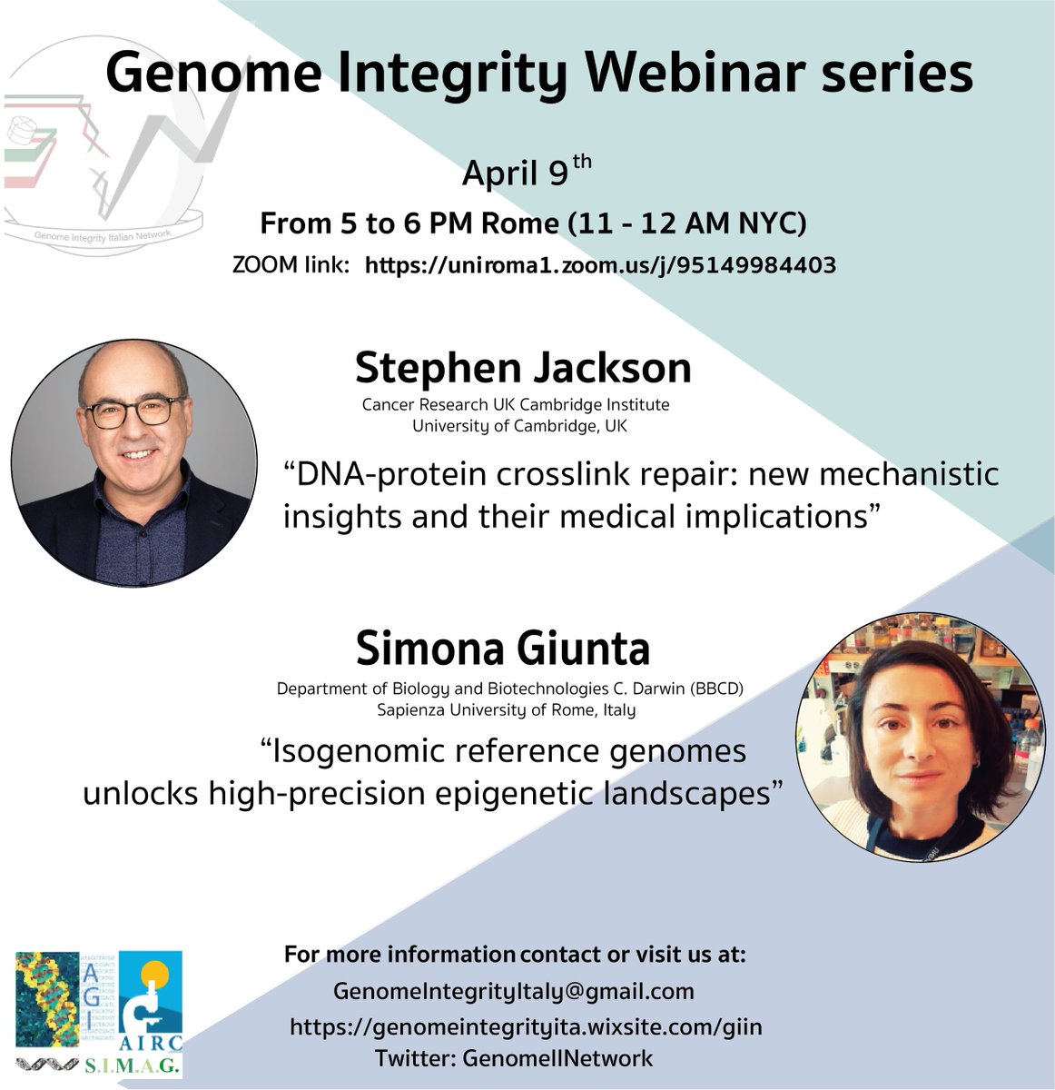 GIIN (@genomeiinetwork) on Twitter photo Dear community, we are very happy to announce the next Giin webinar!! Don't miss it on Tuesday, April 9th, from 5PM Rome (11AM NYC), with Stephen Jackson <a href="/SPJacksonGroup/">Steve Jackson Lab</a> and Simona Giunta <a href="/Simona_Giunta/">Simona Giunta</a>. Zoom link: uniroma1.zoom.us/j/95149984403 Dear community, we are very happy to announce the next Giin webinar!! Don't miss it on Tuesday, April 9th, from 5PM Rome (11AM NYC), with Stephen Jackson <a href="/SPJacksonGroup/">Steve Jackson Lab</a> and Simona Giunta <a href="/Simona_Giunta/">Simona Giunta</a>. Zoom link: uniroma1.zoom.us/j/95149984403