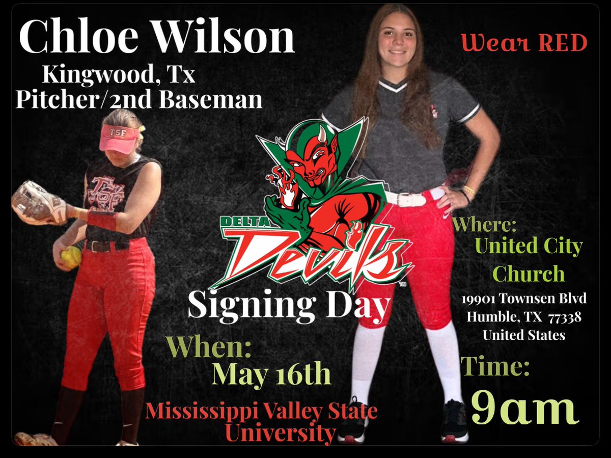 Family/Friends it’s time !!!! Chloe signing day !! Please come support her on this Special Day ! The last OG! Mark your calendars! Wear RED .#GOBEGREAT @HtxGold @KParkSoftball @MVSUDevilSports @MVSUDEVILS @Buckner2016 @horace_akers @chloe_w30