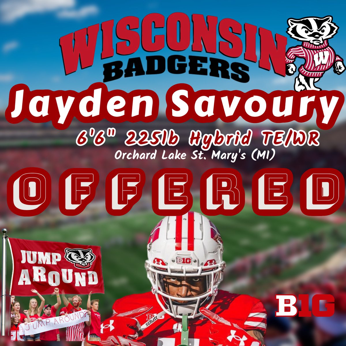 Orchard Lake St Mary's (MI) Hybrid TE/WR Jayden Savoury who after a Unofficial Visit to @BadgerFootball Spring Practice received an offer to attend the University of Wisconsin. We appreciate Head Coach Fickell, TE Coach Letton @NateLetton and recruiting staff. #badgersfootball