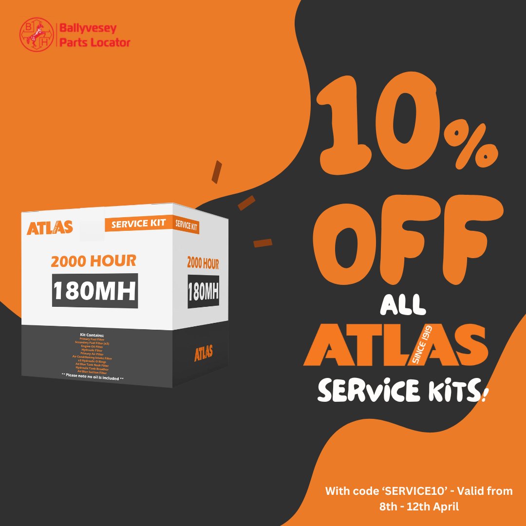 TDL_Equipment's tweet image. Yes you read correctly!! For a limited time only... we will be offering 10% off of ALL Atlas service kits with 'SERVICE10'

ballyveseypartslocator.com

Offer will be valid when shopping between the 8th and 12th April, get your baskets ready!

#ServiceKit #Atlas #ConstructionParts