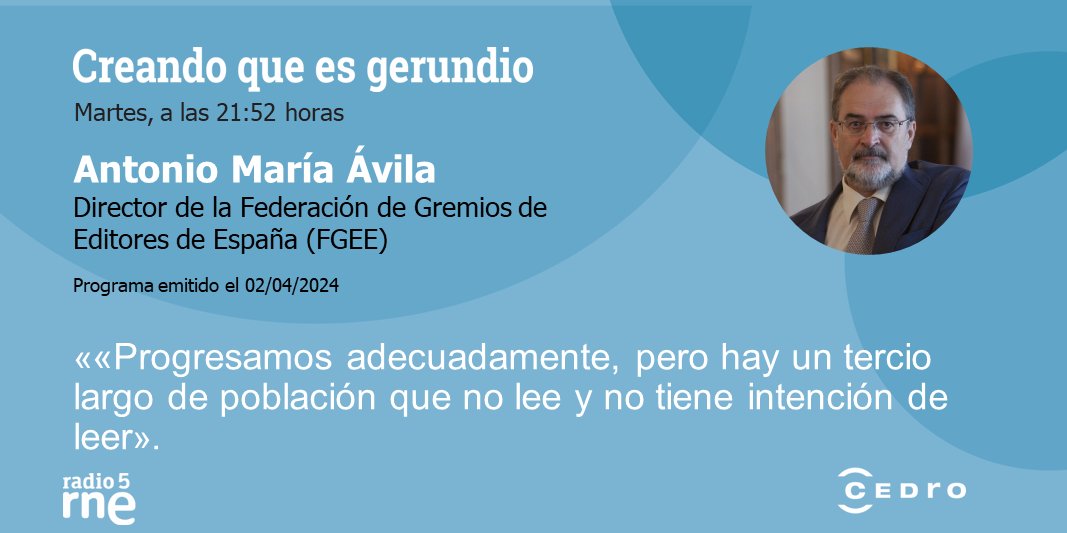 El 68 % de los españoles lee en su tiempo libre, según un informe reciente de @FGEEenlinea. 📖 👉 Junto con su director, Antonio María Ávila, analizamos los principales datos del sector #editorial en #CreandoQueEsGerundio de @radio5_rne Escúchalo aquí: cedro.org/sala-de-prensa…