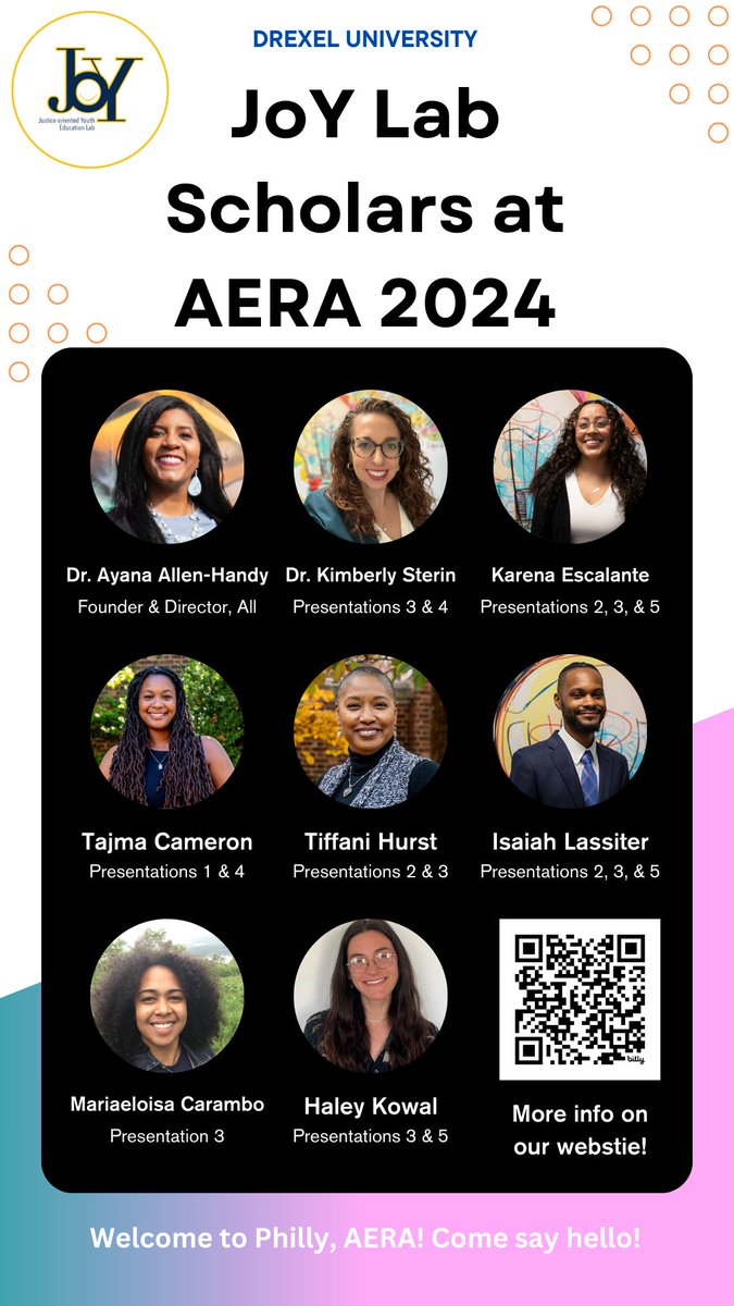 Next week at #AERA2024, JoY Lab will share about many of our community-driven participatory action research projects in West Philadelphia! Come check us out at a Roundtable, Paper Pres, & a special Symposia where we'll host a panel discussion on CPAR methods! @AERA_EdResearch