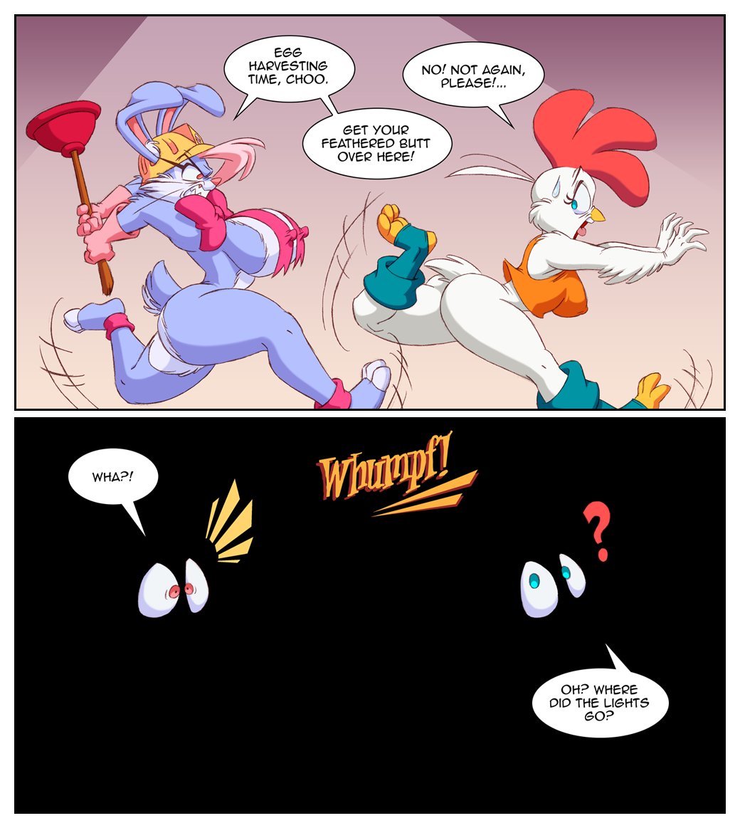 Finally, the 2024 edition of my Easter comic starring Esther B. &amp; Choo-Choo!🐰🪠🐔

A little late, I know... but I've had to deal with so many blackouts over the last weeks that it seems to have affected this duo's universe. Literally.🕯️👀 