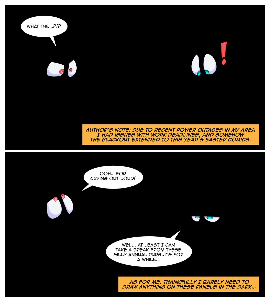 Finally, the 2024 edition of my Easter comic starring Esther B. &amp; Choo-Choo!🐰🪠🐔

A little late, I know... but I've had to deal with so many blackouts over the last weeks that it seems to have affected this duo's universe. Literally.🕯️👀 
