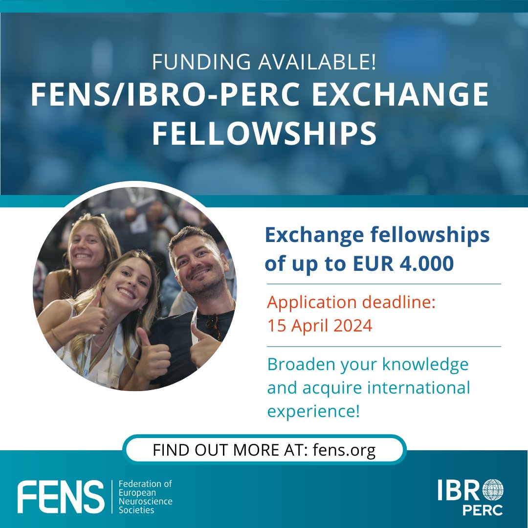 Are you a #neuroscience student or researcher? Apply for the #FENS/IBRO-PERC Exchange Fellowships to: 🌍 Visit a European lab for at least 4 weeks 📈 Obtain a fellowship of up to EUR 4,000 Apply now! More info: loom.ly/zpZxxC0 @IBROorg